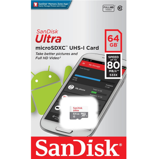 Изображение Sandisk, 64GB, max 80MB/s atminties kortele, microSD                                                                                                  