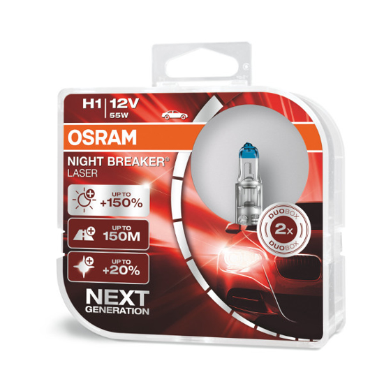 Изображение Osram lemputes Night Breaker Laser,+150%, H1, 55W,2 vnt, DUO  O641                                                                                    