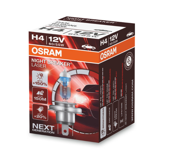 Изображение Osram lemputes Night Breaker Laser,+150%, H4, 60/55W,1vnt.64193NL                                                                                     