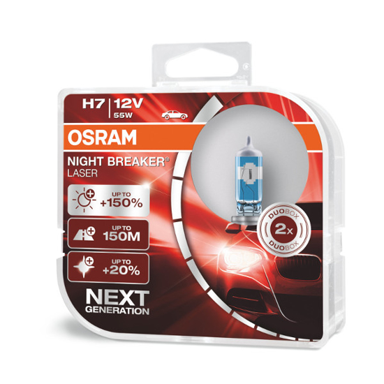Vaizdas Osram lemputės Night Breaker Laser,+150%, H7, 55W,2 vnt, DUO O6421                                                                                    