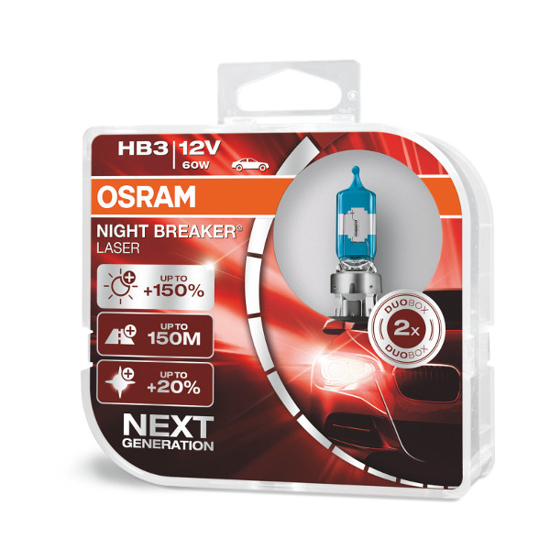 Vaizdas Osram lemputės Night Breaker Laser,+150%, HB3, 60W,2 vnt, DUO 9005                                                                                    