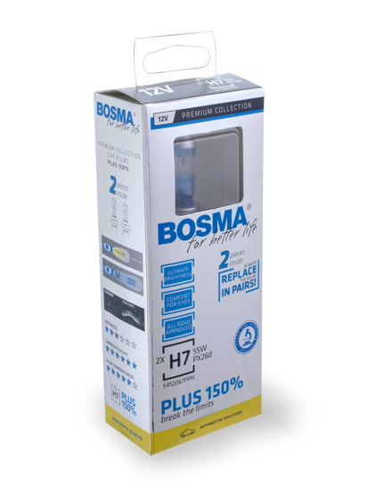 Bosma lempute H7, 55W, 12V, Plus 150%, PX26d komplektas (balta)  