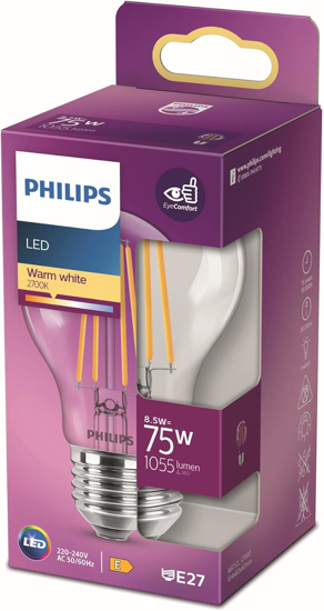 Philips LED Premium Classic A60 lempute [E27 Edison Screw] 8,5 W – 75 W ekvivalentas, siltai baltas (2700K), nereguliuojPhilips LED Premium Classic A60 lempute [E27 Edison Screw] 8,5 W – 75 W ekvivalentas, siltai baltas (2700K), nereguliuoj   