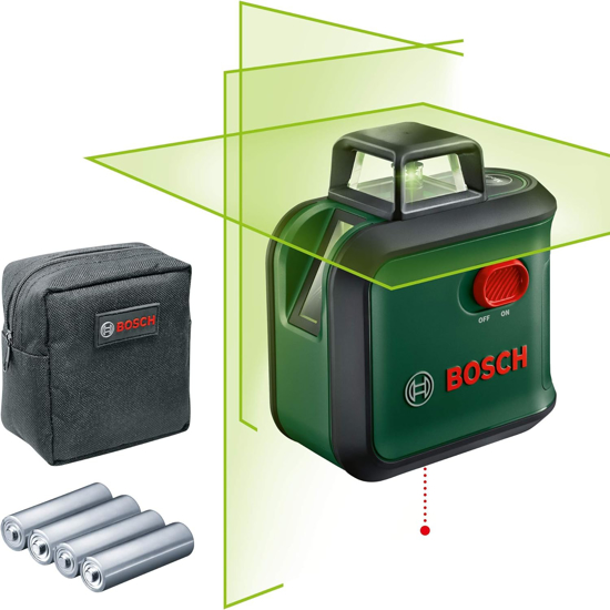Bosch kryzminiu liniju lazeris AdvancedLevel 360 (horizontali 360° lazerio linija, dvi vertikalios linijos ir slankus taskas apacioje, zalias lazeris,